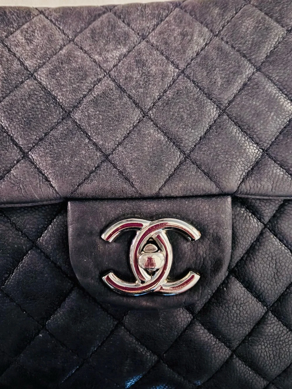 CHANEL vintage Maxi Classic Flap Navy Caviar Leather w/ Silver Hardware